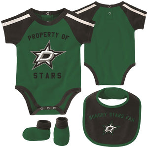 Dallas Stars Infant Hard at Play Set in Green and Black - Front View of Onesie and Bib Back View of Onesie and Front and Side View of Socks