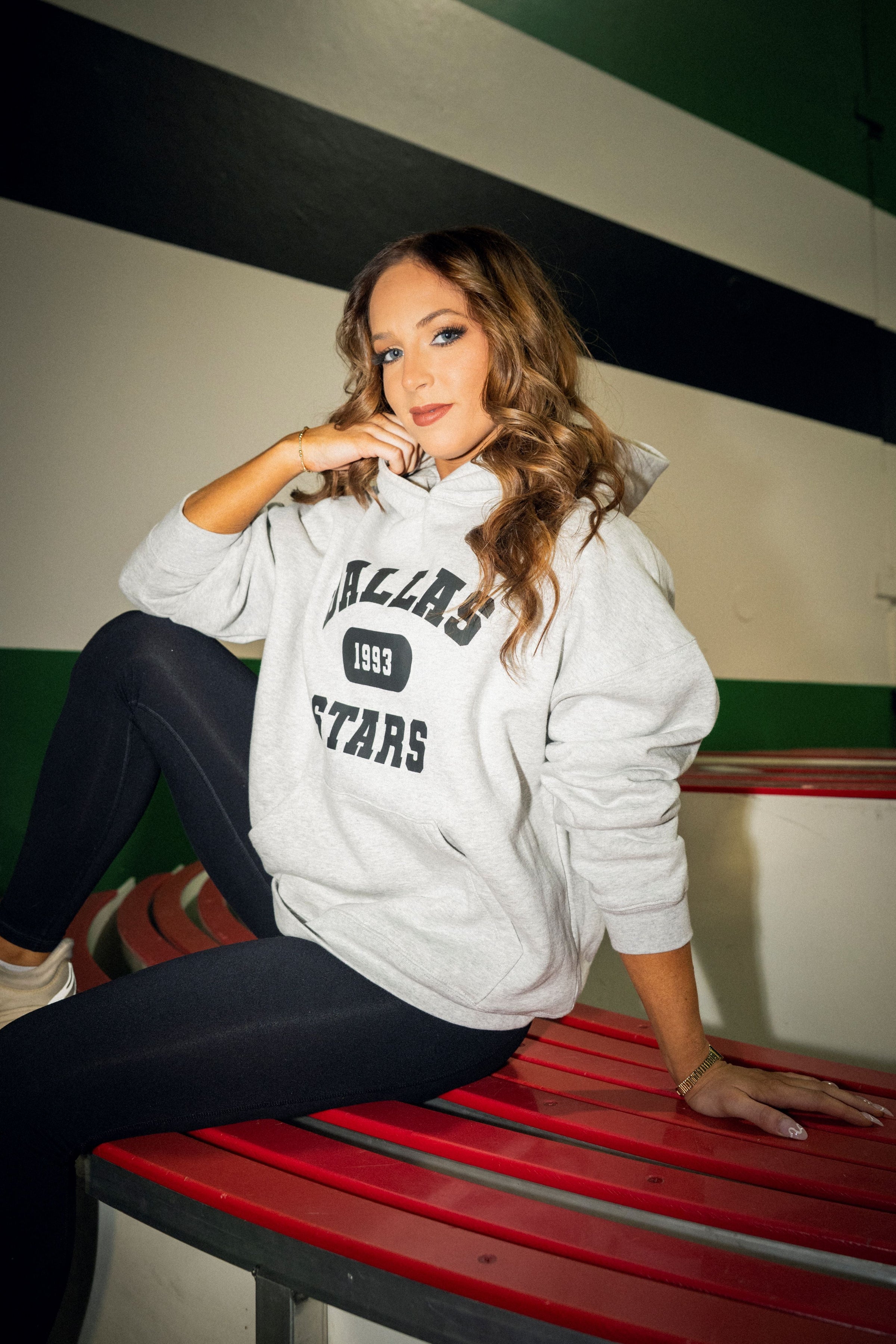 Woman wearing Dallas Stars Line Change Grey Hoodie