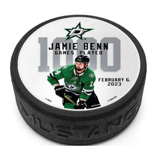 DALLAS STARS MUSTANG PRODUCTS JAMIE BENN 1000 GAMES PLAYED PHOTO PUCK