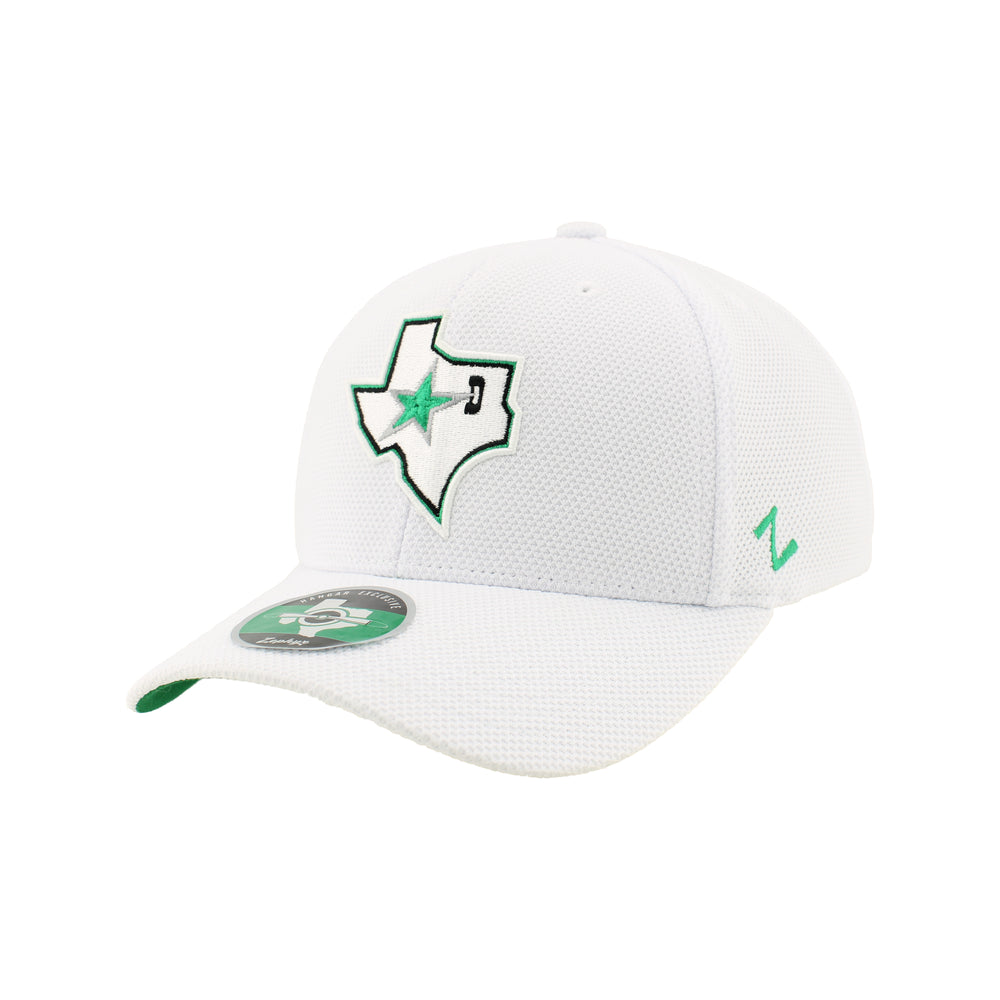 White cap with green logo on a white background