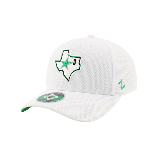 White cap with green logo on a white background