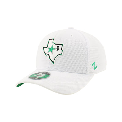 White cap with green logo on a white background