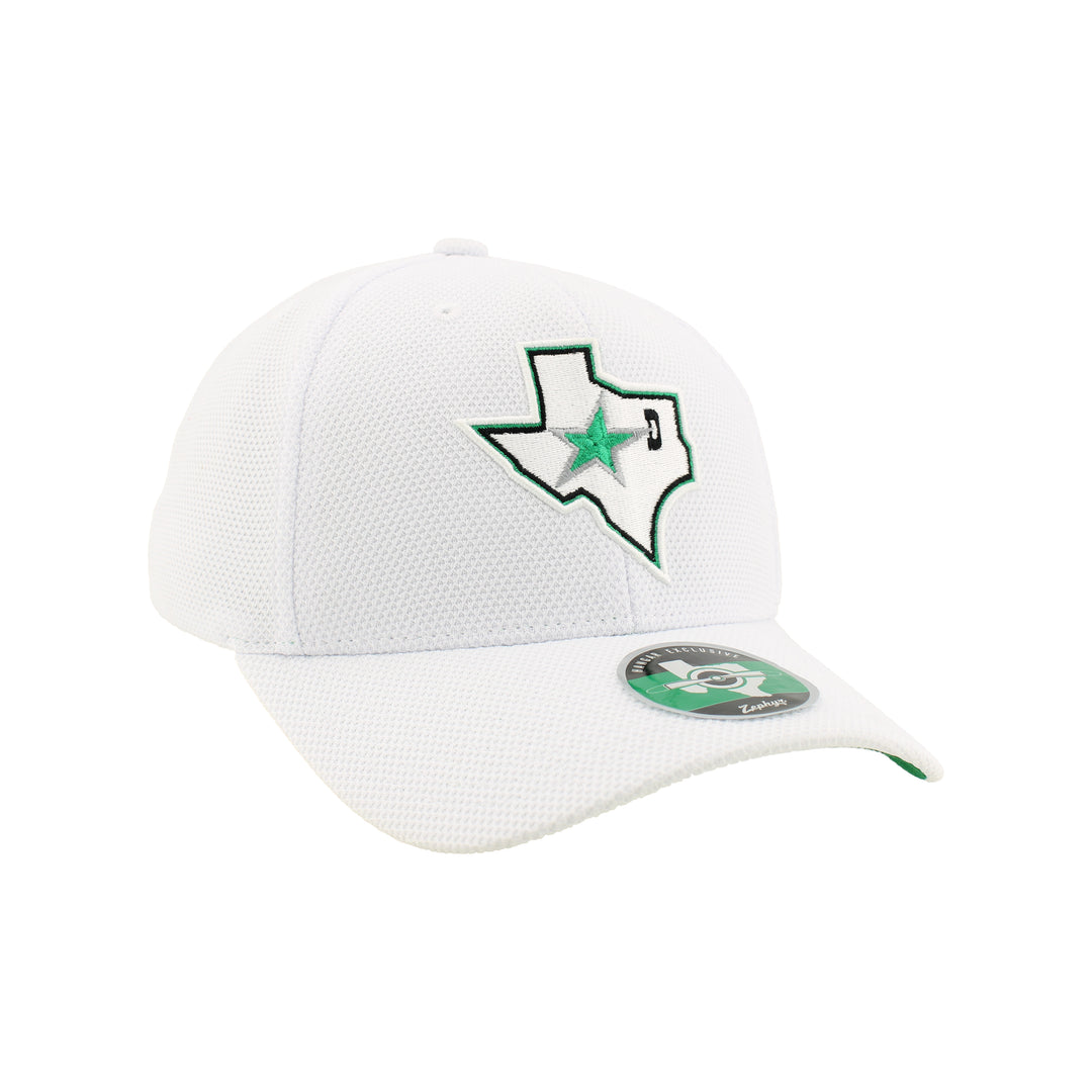 White cap with a green and black logo on a white background