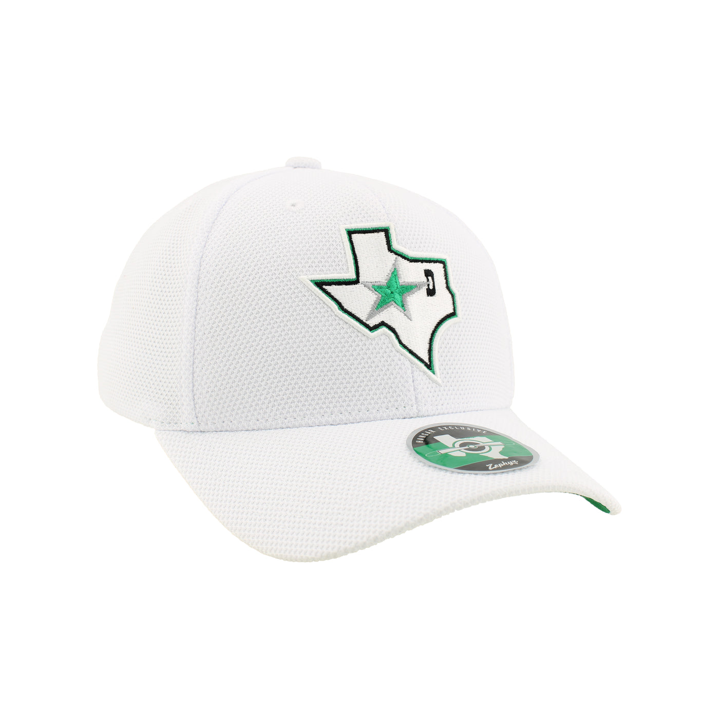 White cap with a green and black logo on a white background