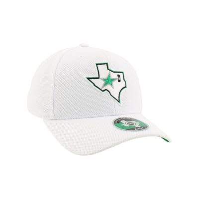 White cap with a green and black logo on a white background