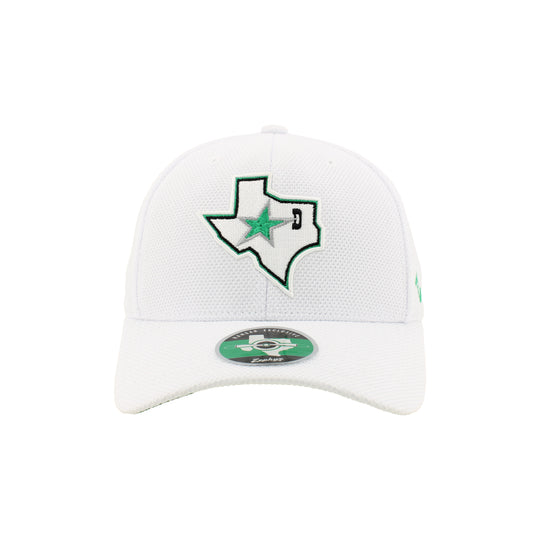 White cap with green star design on a white background