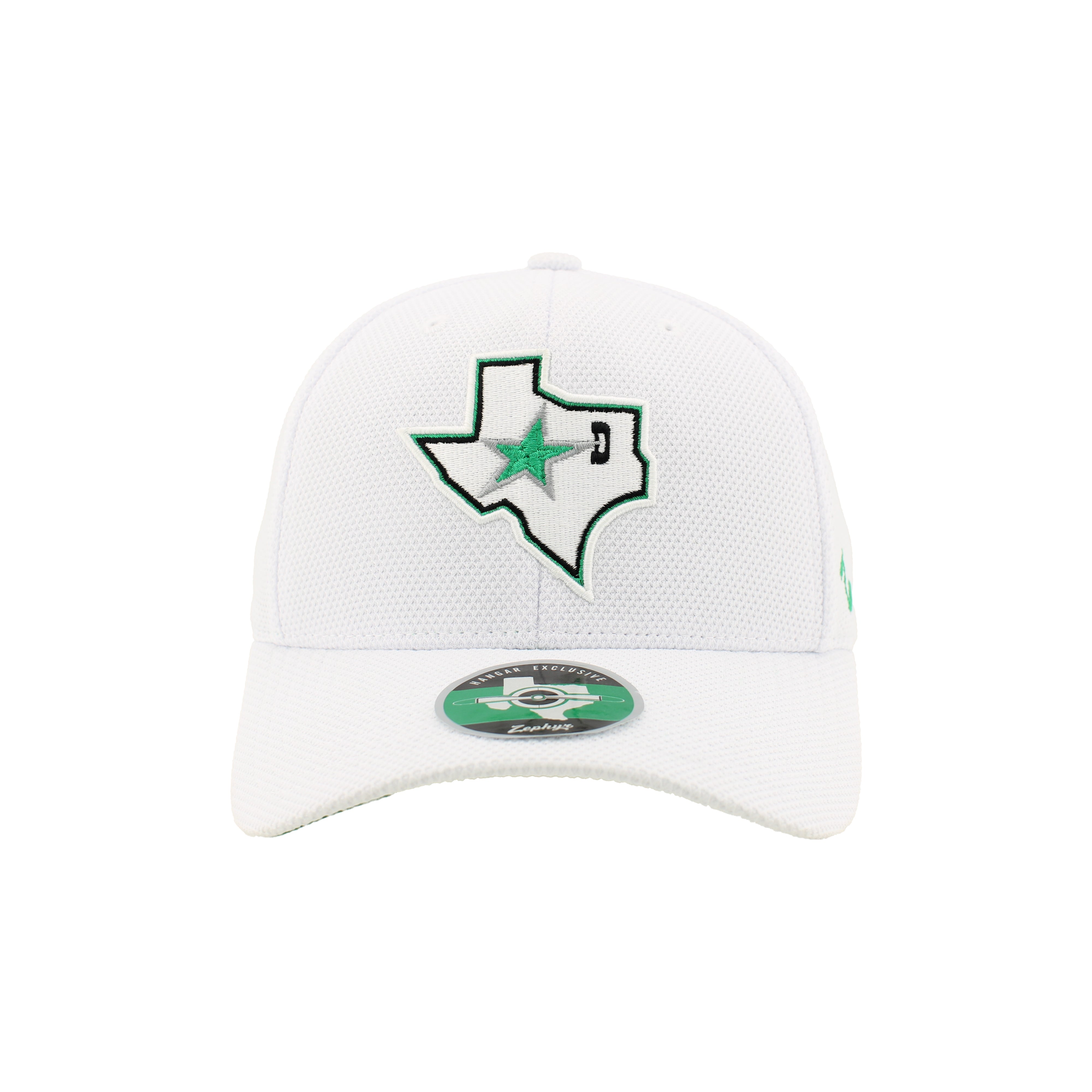 White cap with green star design on a white background