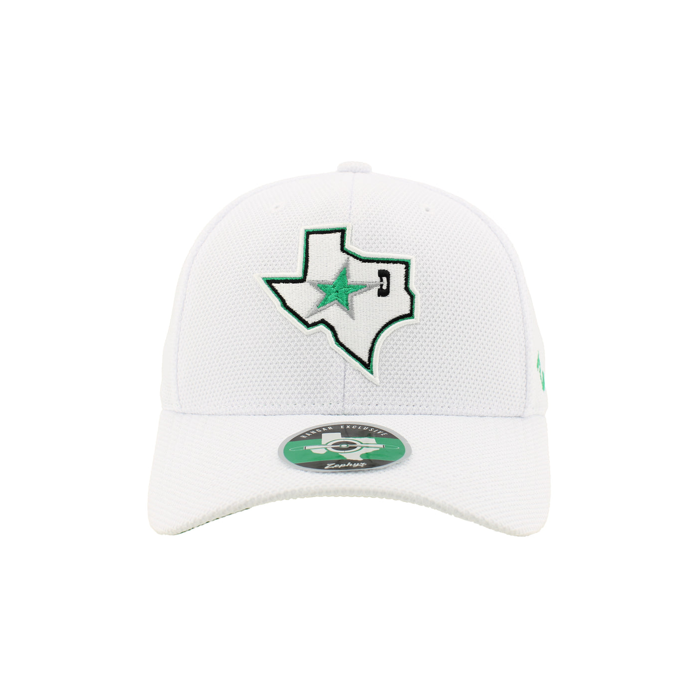 White cap with green star design on a white background