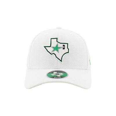 White cap with green star design on a white background