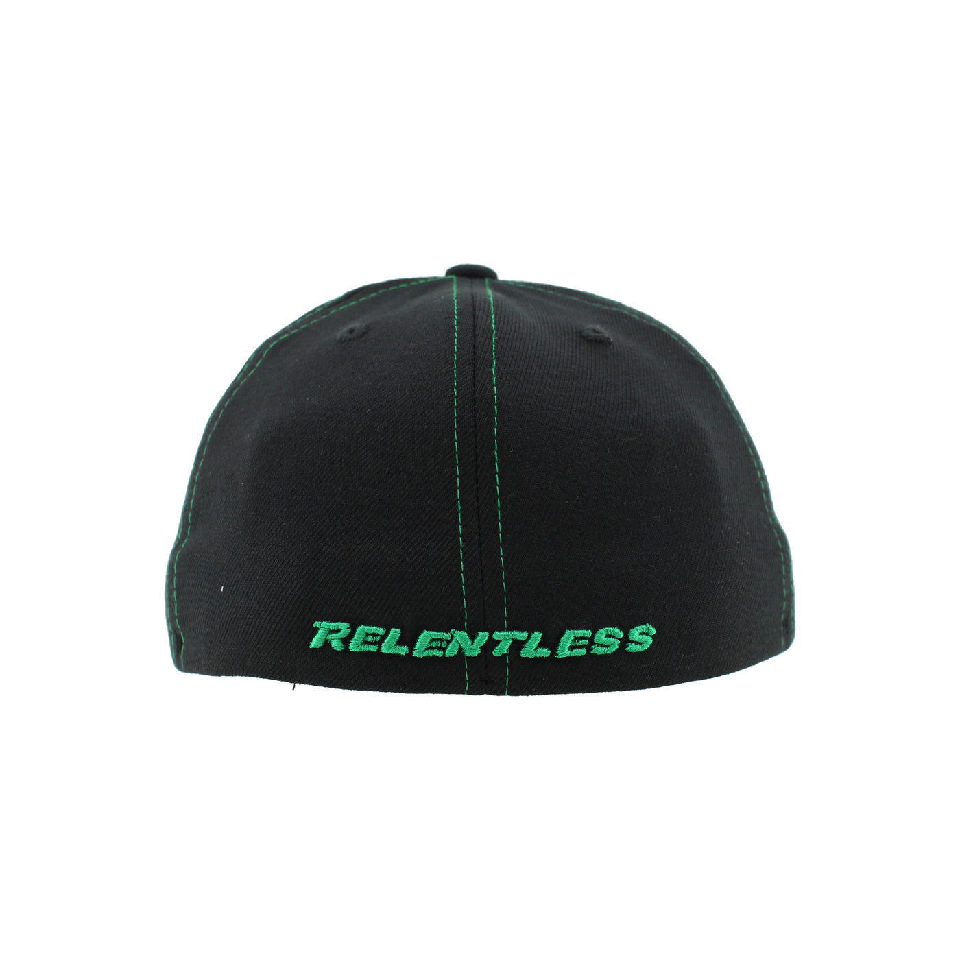 Black cap with 'RELENTLESS' text on a white background