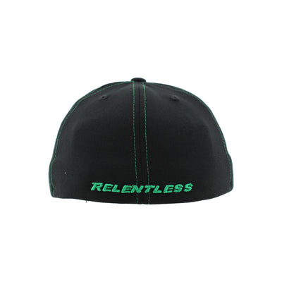 Black cap with 'RELENTLESS' text on a white background