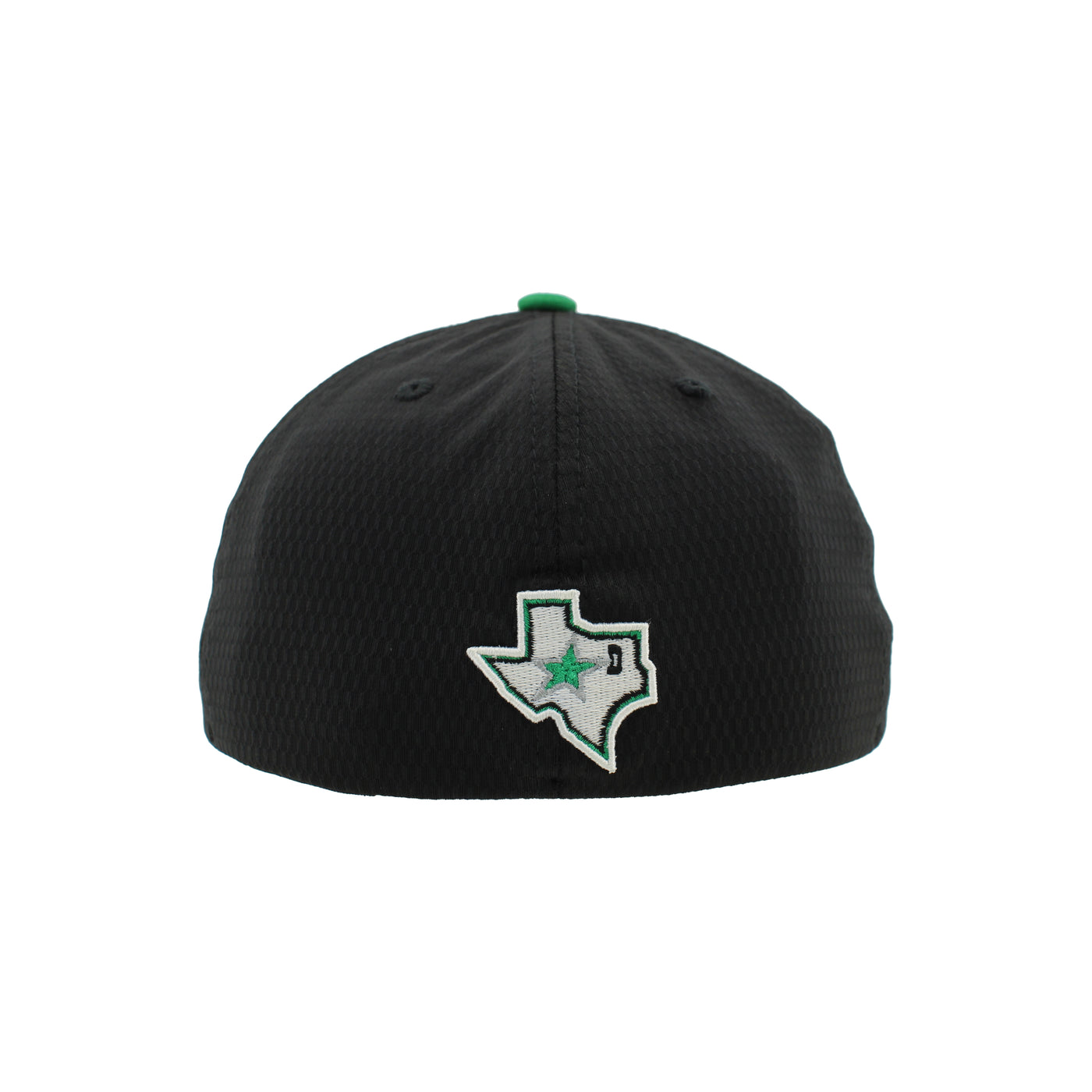 Black cap with a Texas-shaped logo featuring a green star on a white background