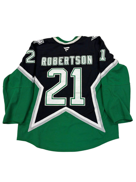Green and black hoodie with number 21 and name 'Roberson' on a white surface.
