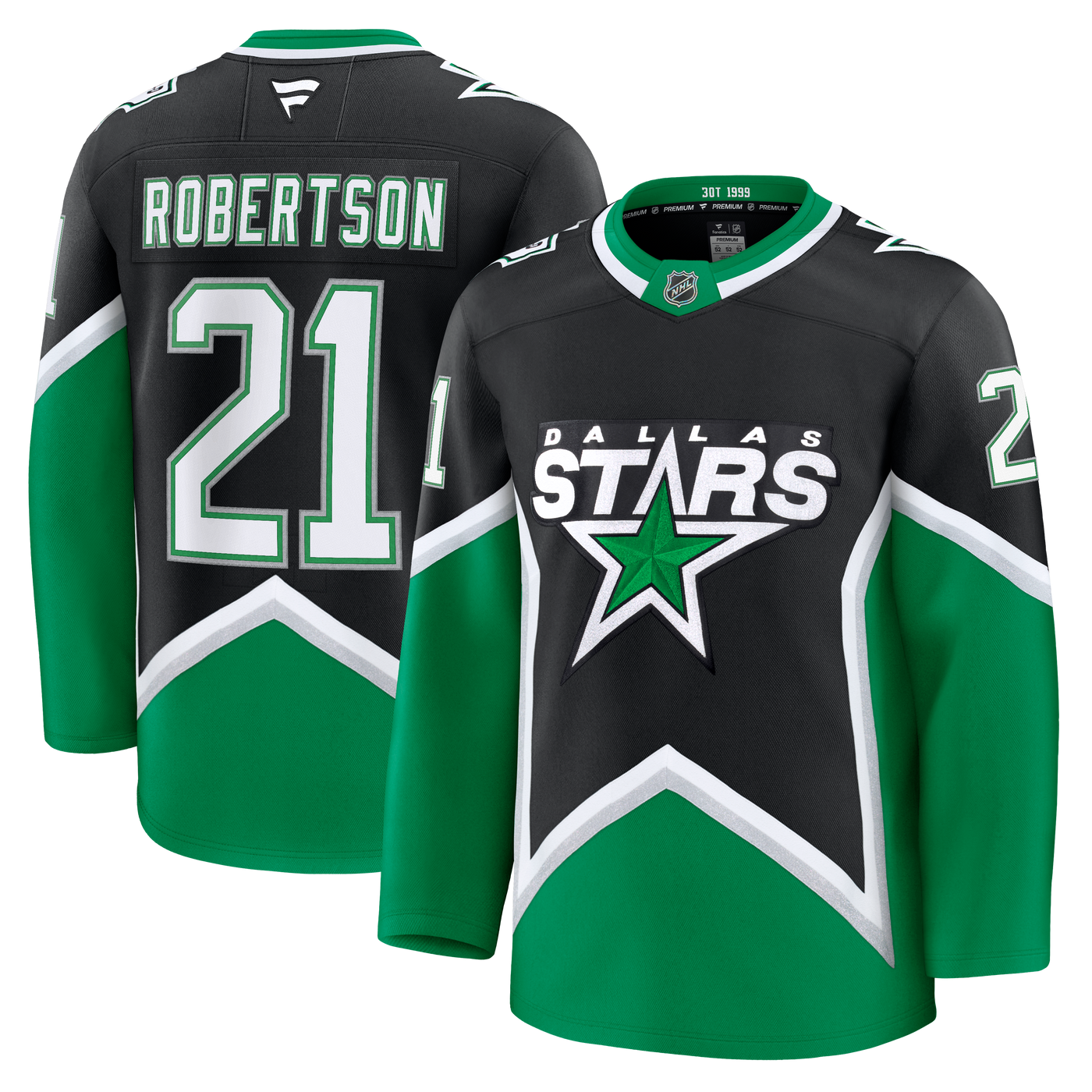 Hockey jersey with 'Dallas Stars' logo and 'Robertson 21' on a white background