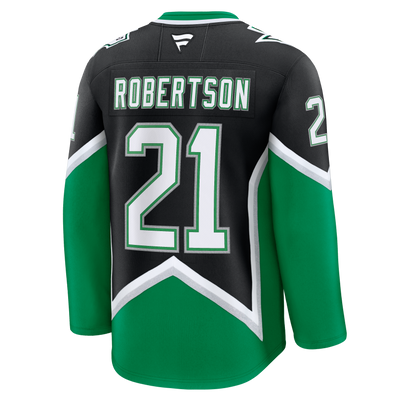 Green and black hockey jersey with 'ROBERTSON' and number '21'