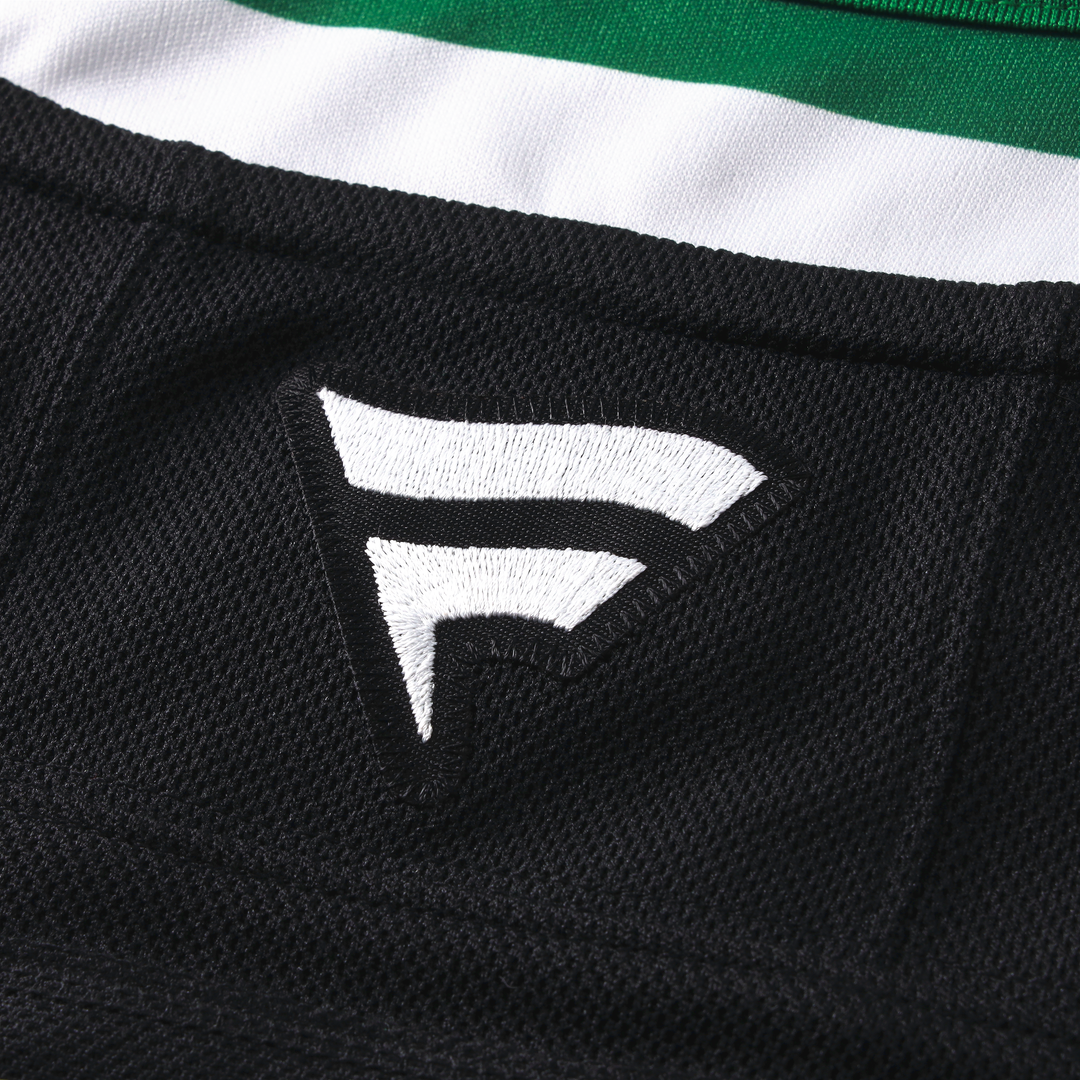 Close-up of a black hockey jersey with Fanatics logo