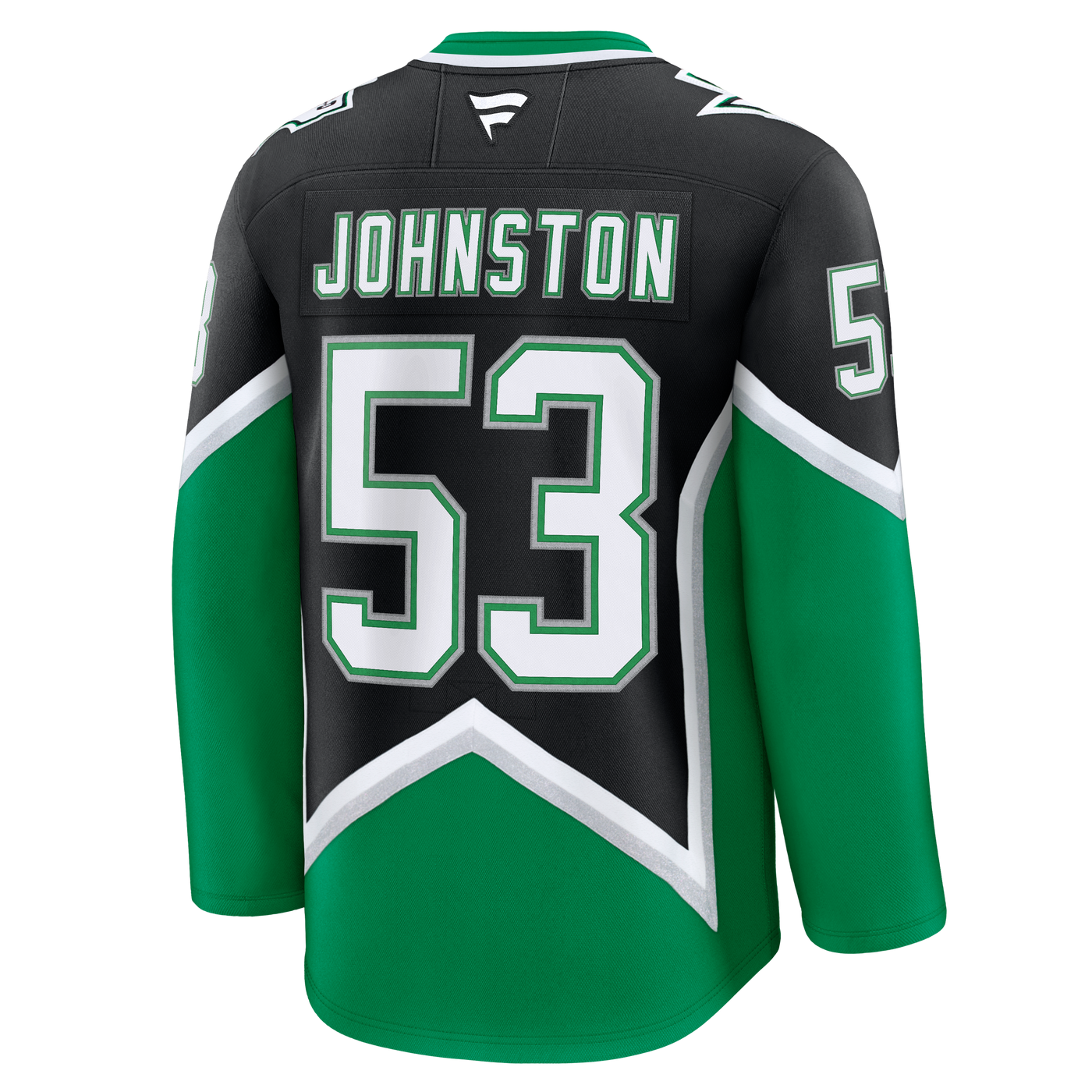 Green and black hockey jersey with 'Johnston' and number '53' on a white background