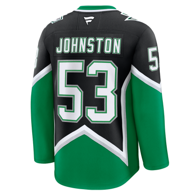 Green and black hockey jersey with 'Johnston' and number '53' on a white background
