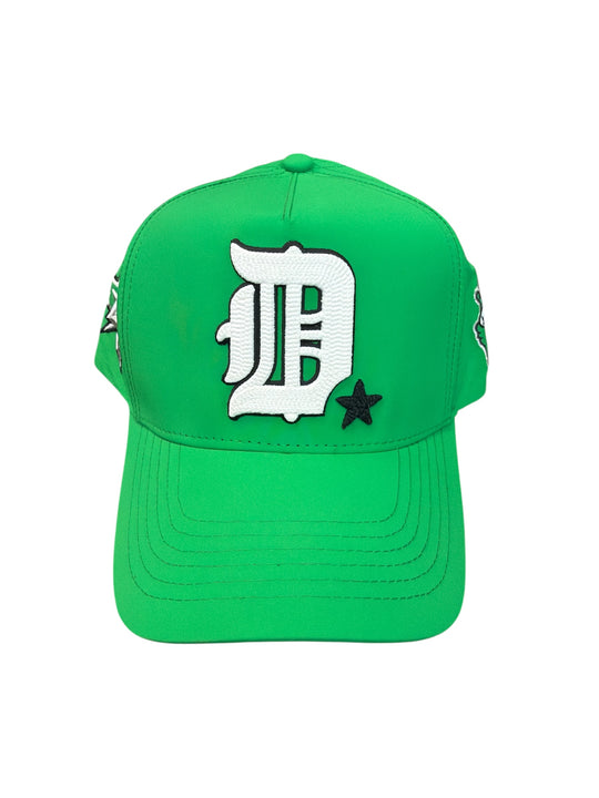 Green cap with a white logo and a black star on a white background