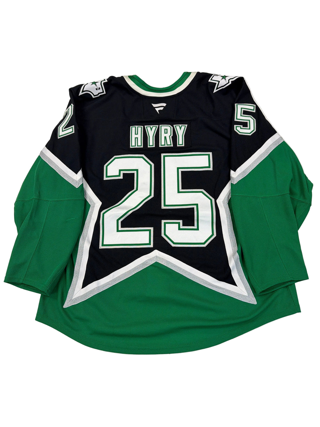 Green and black sports jersey with number 2 and name 'Hyry' on a white surface.