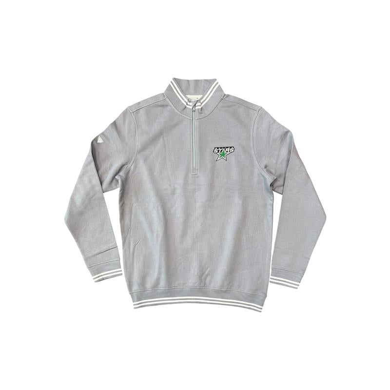 A light gray long-sleeve quarter-zip pullover sweatshirt with white striped ribbed trim on the collar, cuffs, and hem, featuring a small embroidered Dallas Stars logo on the left chest.