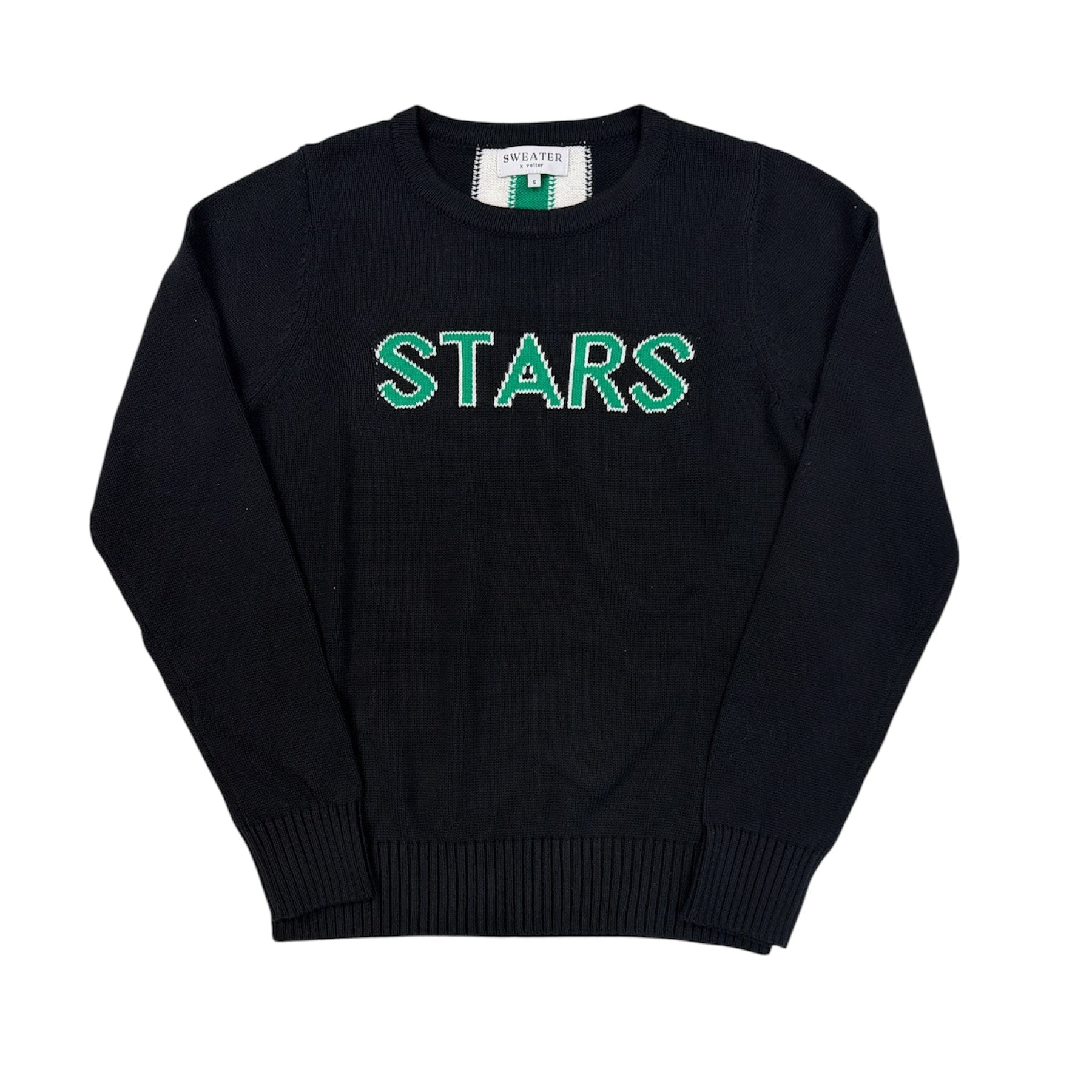 Black sweater with 'STARS' text on a white background