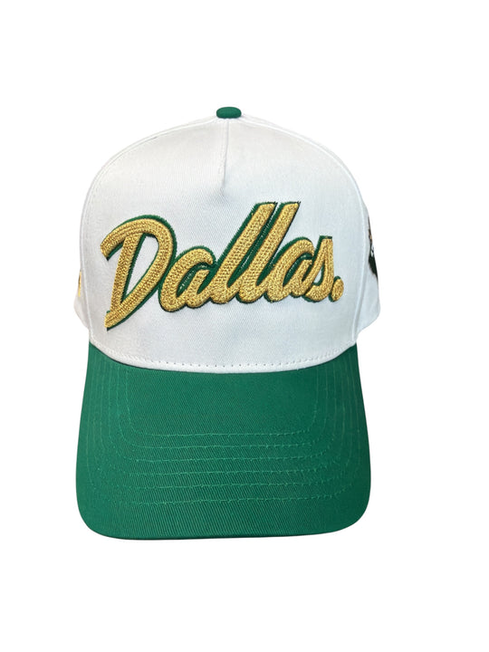 White and green cap with 'Dallas' text on a white background