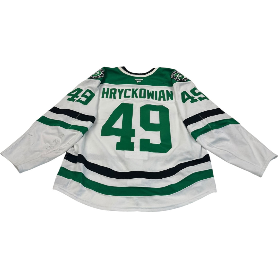Game worn Dallas Stars jersey with number 49 and name 'Hryckowian'. Jersey on a white background