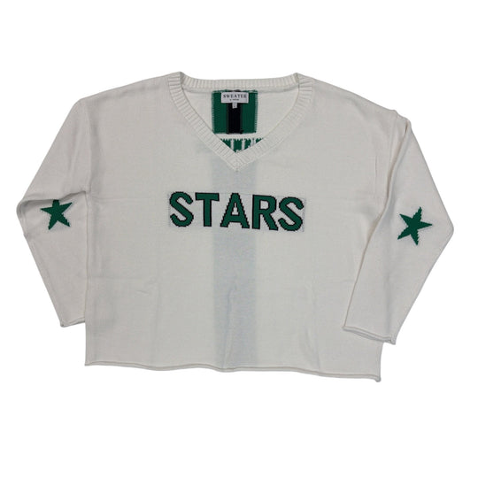 White sweater with 'STARS' text and green stars on a white background