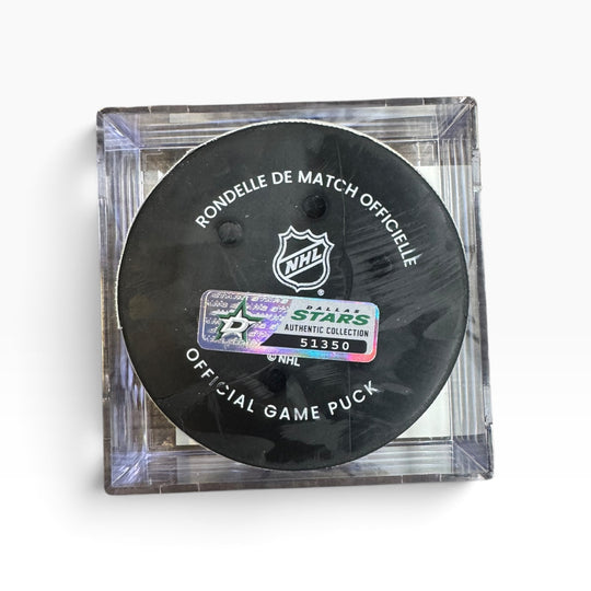 Official NHL hockey puck in a clear acrylic display case, featuring the black puck with white text and an authentic sticker.