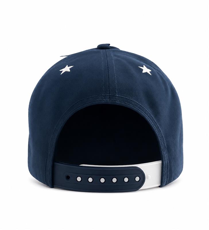 Navy blue cap with white star designs on a white background