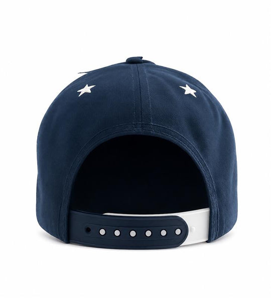 Navy blue cap with white star designs on a white background