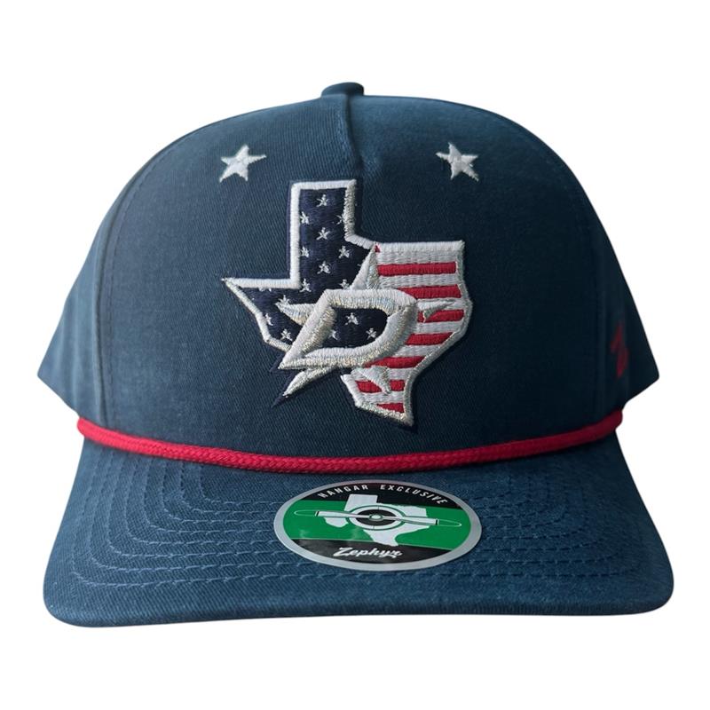 Navy blue cap with Texas and American flag design on a white background
