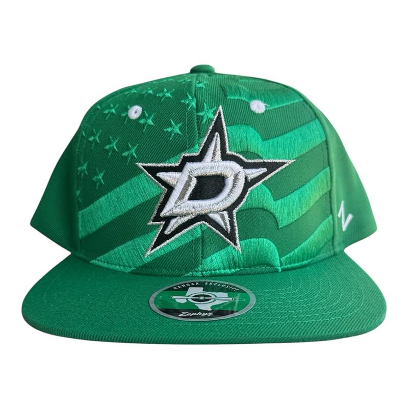 Green cap with American Flag Embroidery behind Dallas Stars Logo