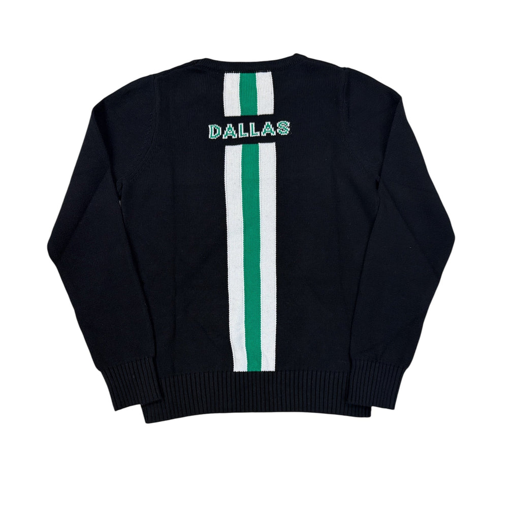 Black sweater with 'Dallas' and green stripes on a white background