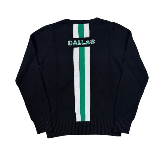 Black sweater with 'Dallas' and green stripes on a white background