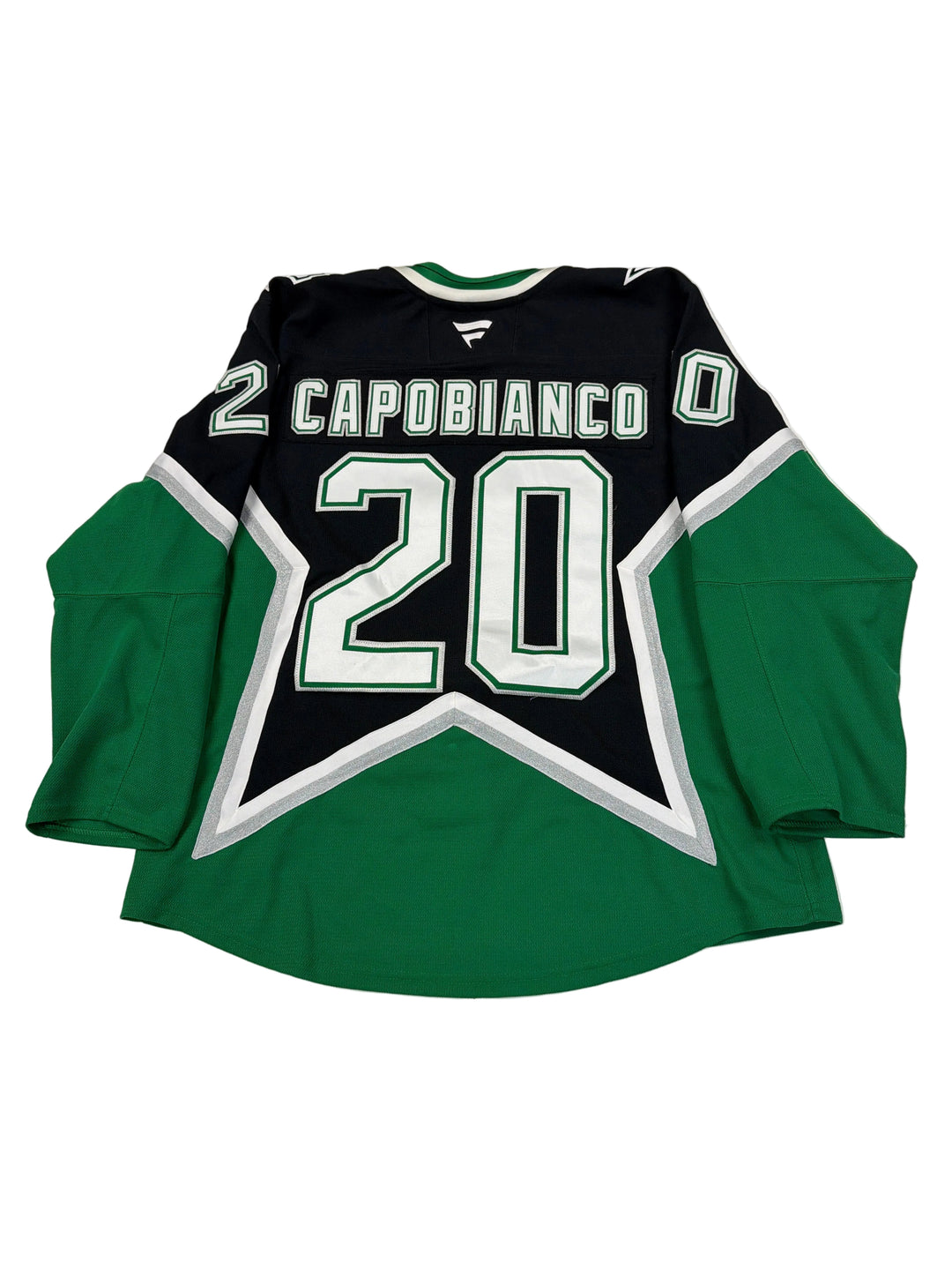 Green and black sports jersey with number 20 and name 'Carobianco' on a white surface.