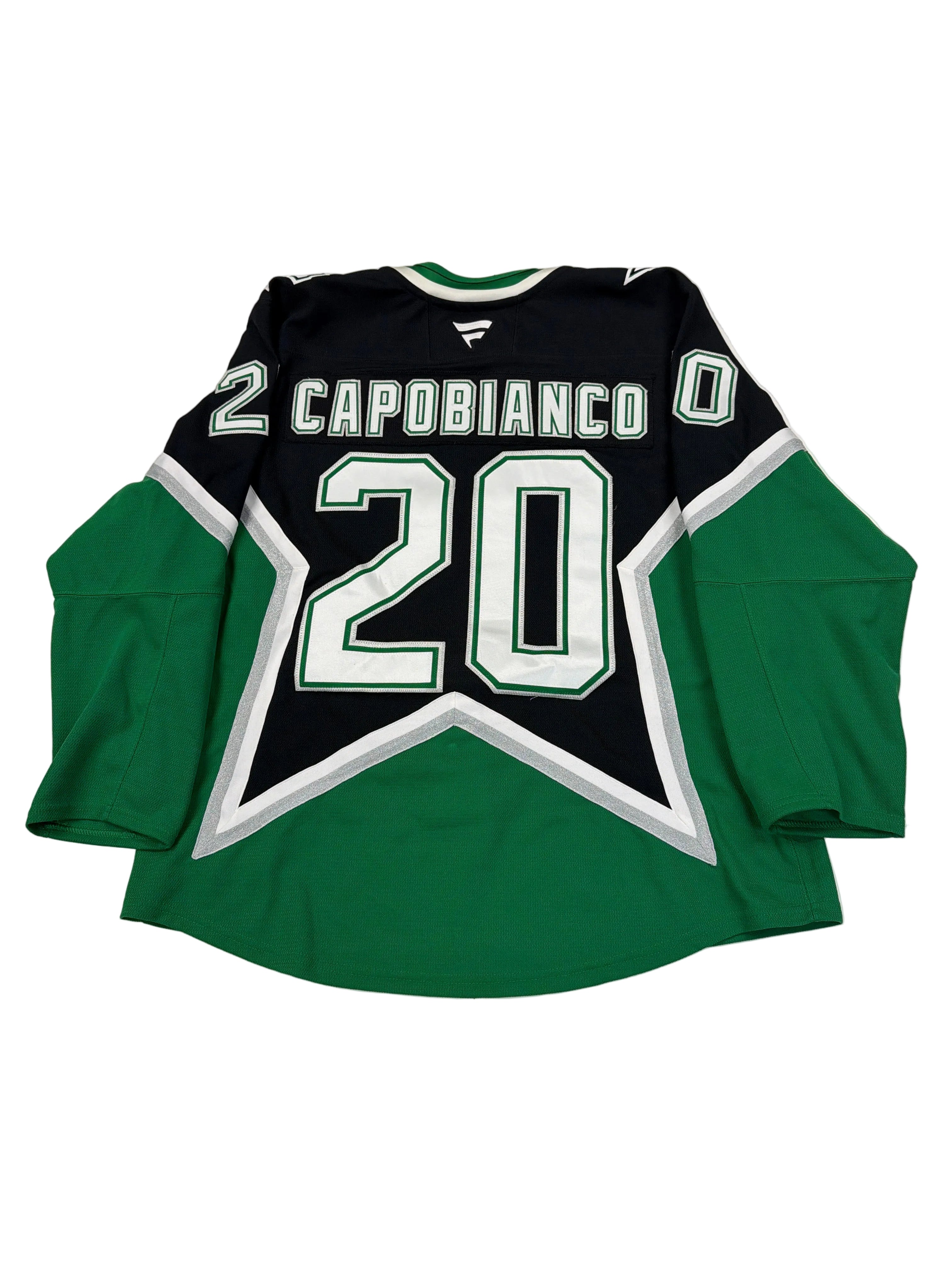 Green and black sports jersey with number 20 and name 'Carobianco' on a white surface.