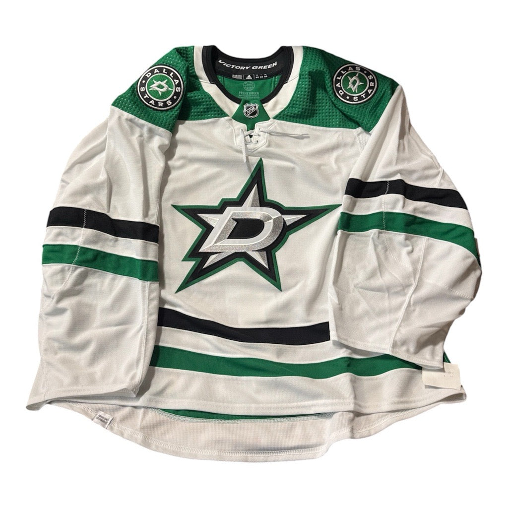 Team issued Away White Goalie hockey jersey with Dallas Stars logo. Jersey on a white background