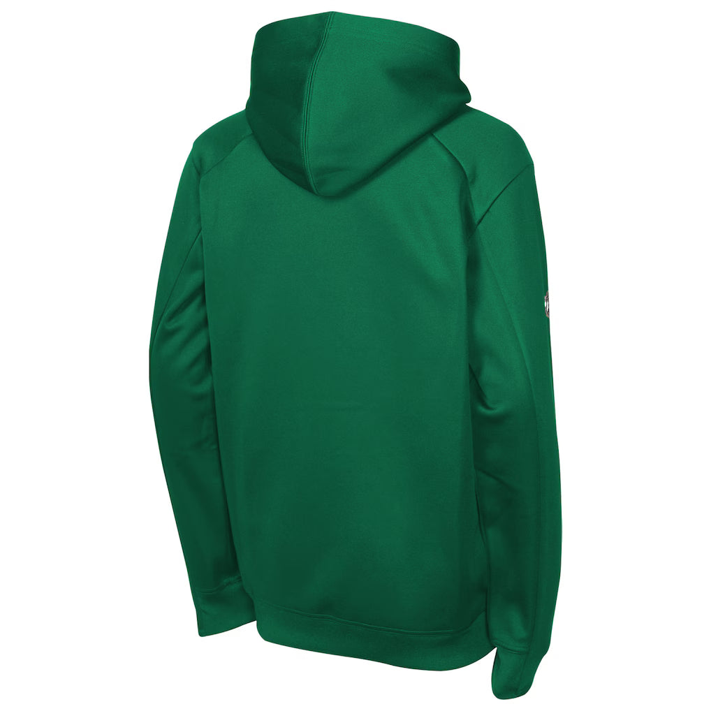 Back of Green hoodie on a white background