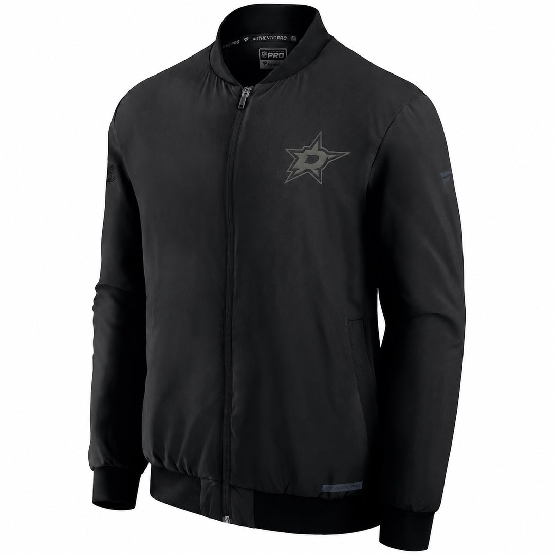 A black full-zip bomber jacket featuring a gray Dallas Stars logo on the left chest, displayed on a clean white background.
