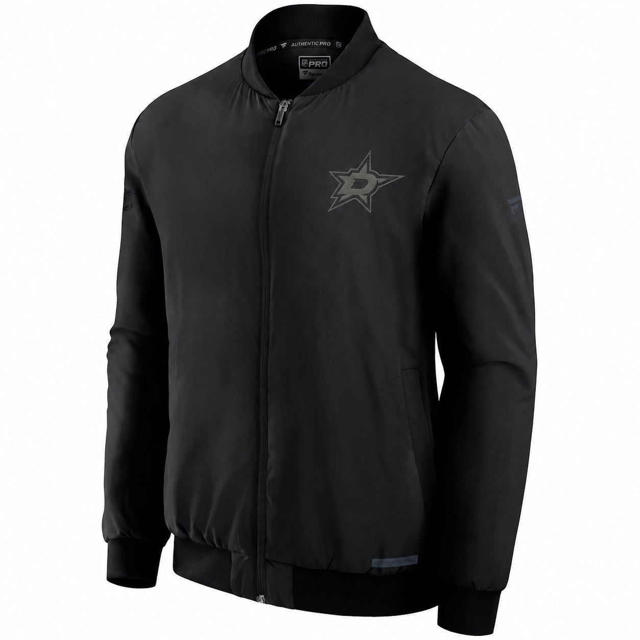 A black full-zip bomber jacket featuring a gray Dallas Stars logo on the left chest, displayed on a clean white background.