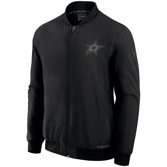 A black full-zip bomber jacket featuring a gray Dallas Stars logo on the left chest, displayed on a clean white background.