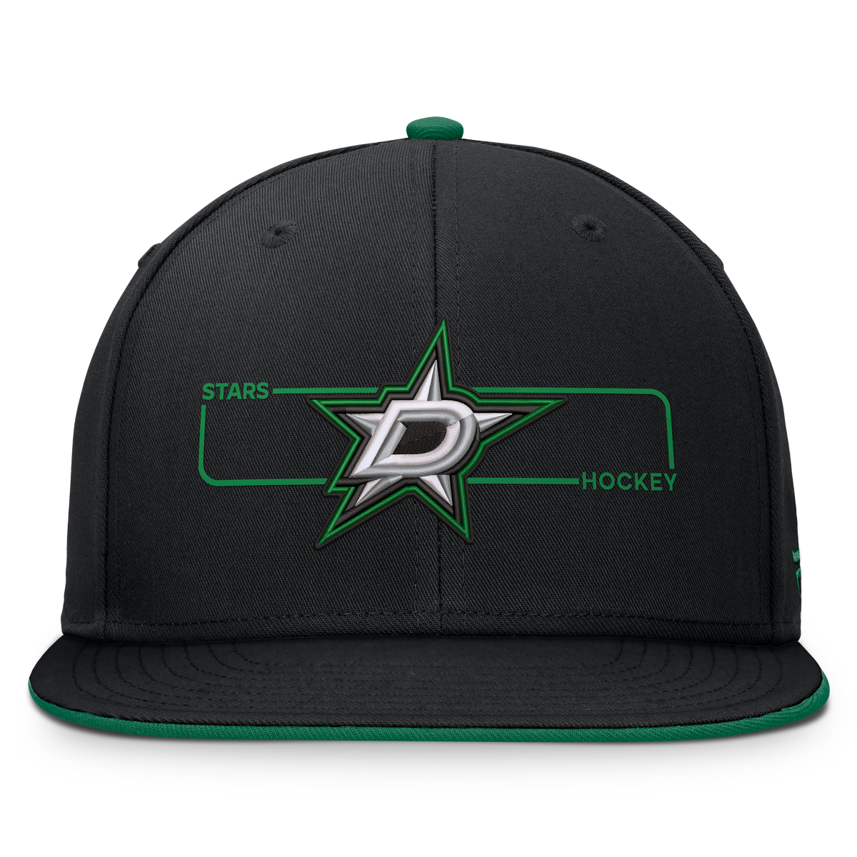 A black Dallas Stars hockey flat-brim cap with a green and silver embroidered logo on the front, featuring a green button and green brim lining.