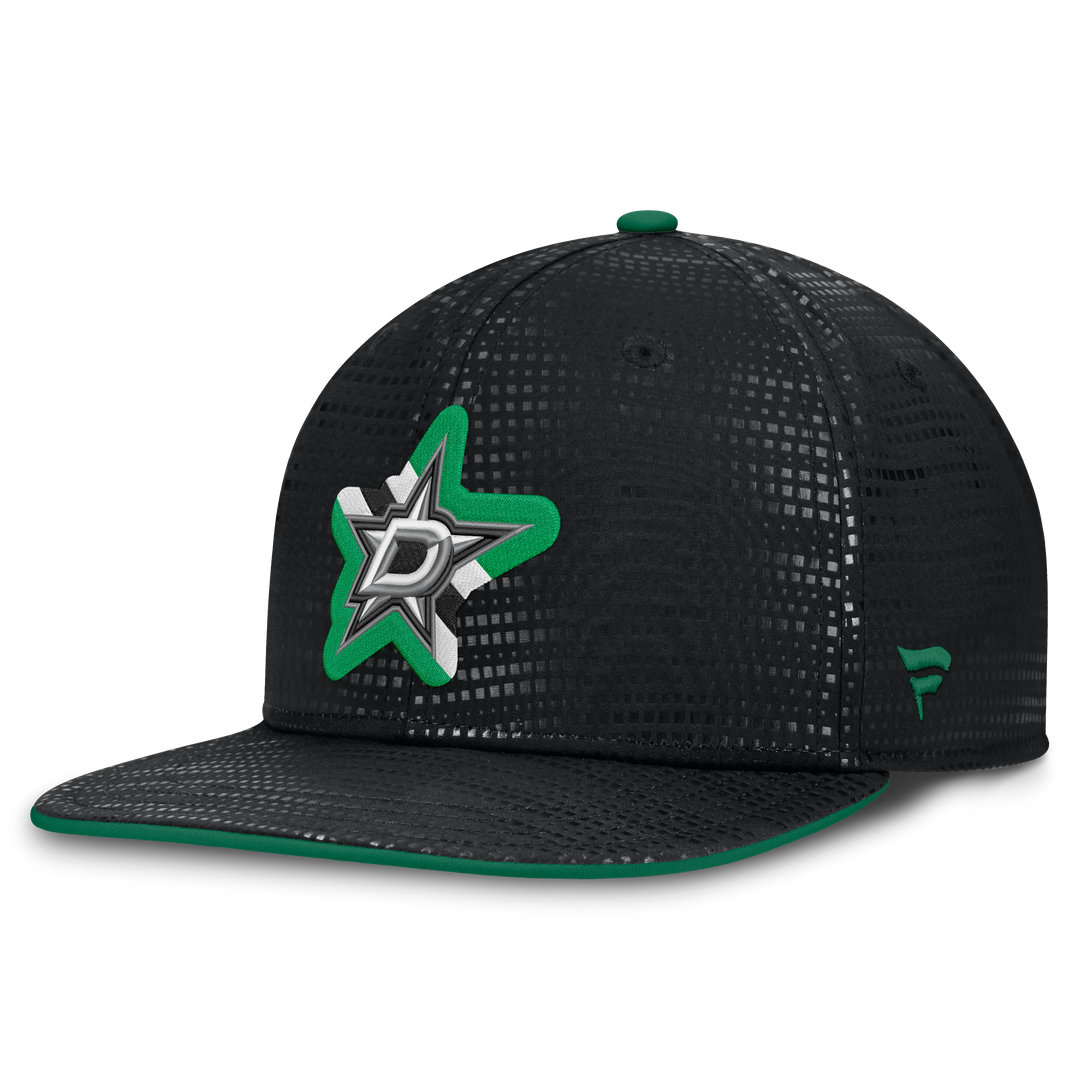A black Dallas Stars structured baseball cap with a textured pattern, featuring a green and silver star logo on the front and a green brim.