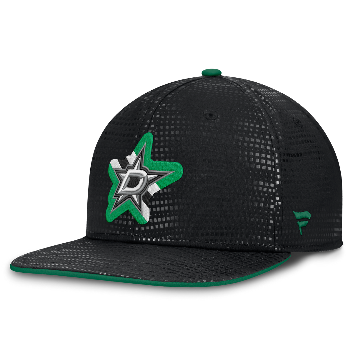 A black Dallas Stars structured baseball cap with a textured pattern, featuring a green and silver star logo on the front and a green brim.