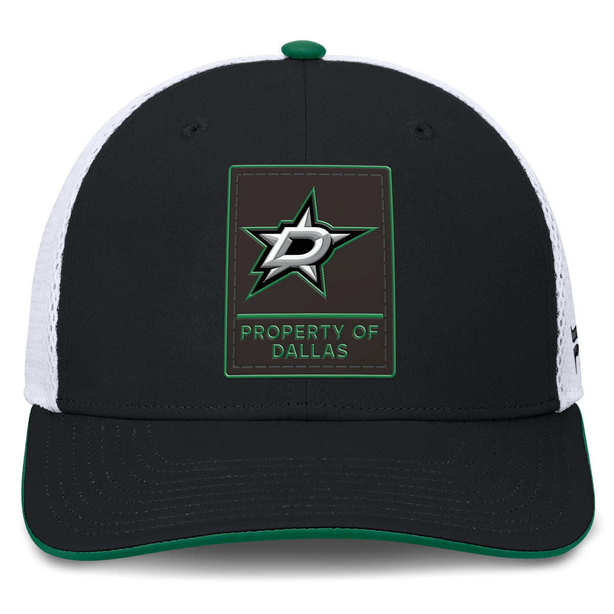 A black and white trucker hat with a Dallas Stars patch on the front. The cap features a black front panel, a green and white star logo, and the text 'PROPERTY OF DALLAS' on the patch.