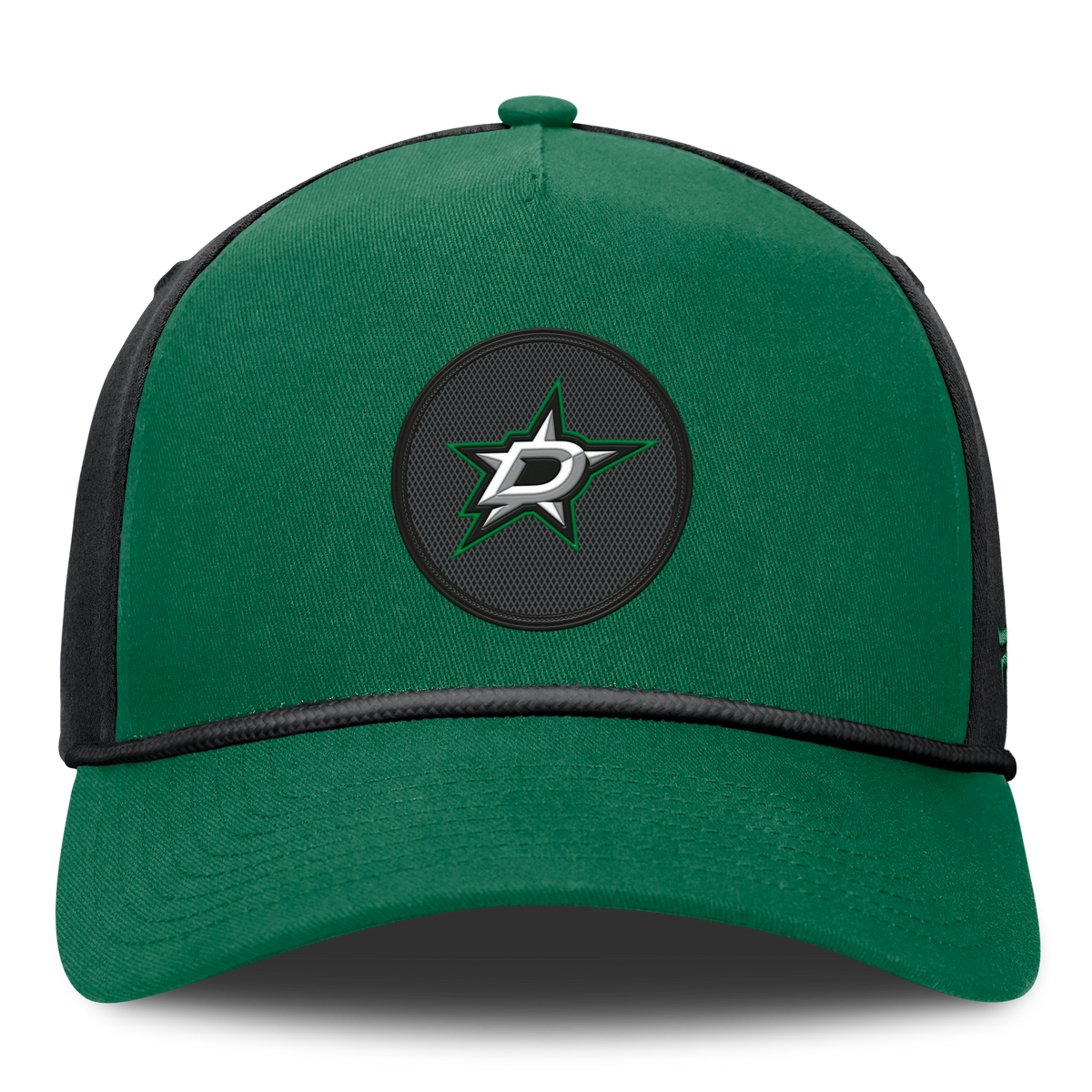 A green trucker-style cap with black mesh side panels, a black brim, and a circular Dallas Stars patch on the front featuring a silver and white star logo.