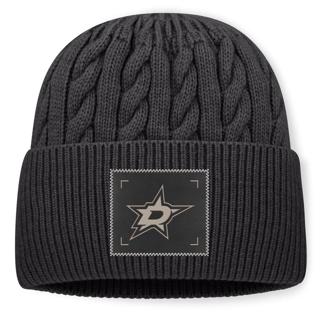 A dark gray cable-knit beanie with a folded cuff, featuring a square patch on the front with the Dallas Stars logo.