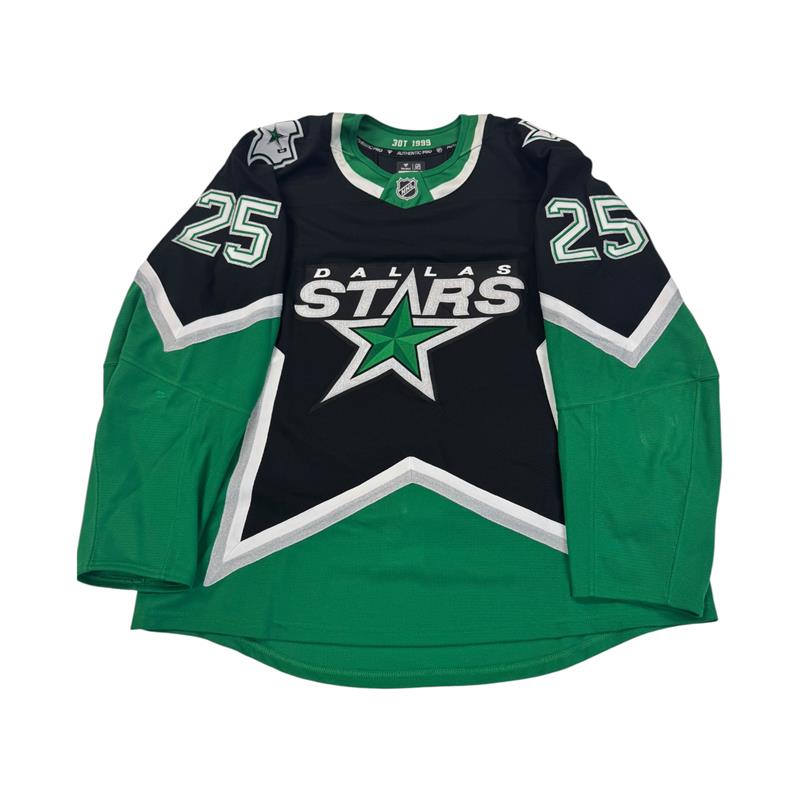 Hockey jersey with Dallas Stars logo and number 25 on sleeves. Jersey on a white background